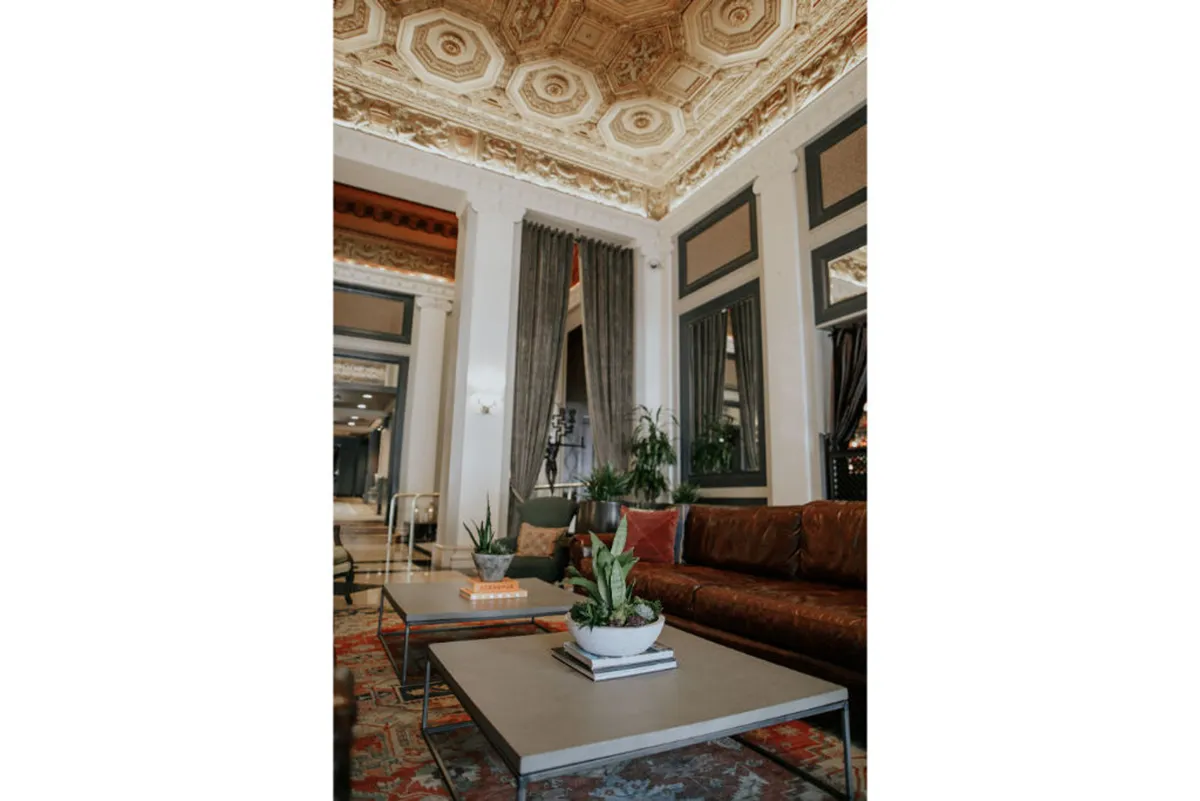 A sophisticated interior lounge with an ornate ceiling, comfortable leather sofa, decorative plants, and stylish coffee tables. The space is welcoming and tranquil, ideal for socializing, reading, or relaxing after urban adventures with friends or pets.